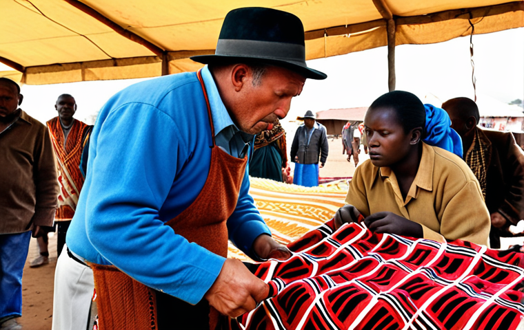 **

"A tourist haggling aggressively over the price of a handcrafted Basotho blanket in a local market, with the vendor looking displeased. Emphasize the cultural clash and disrespect for the artisan's work."

**
